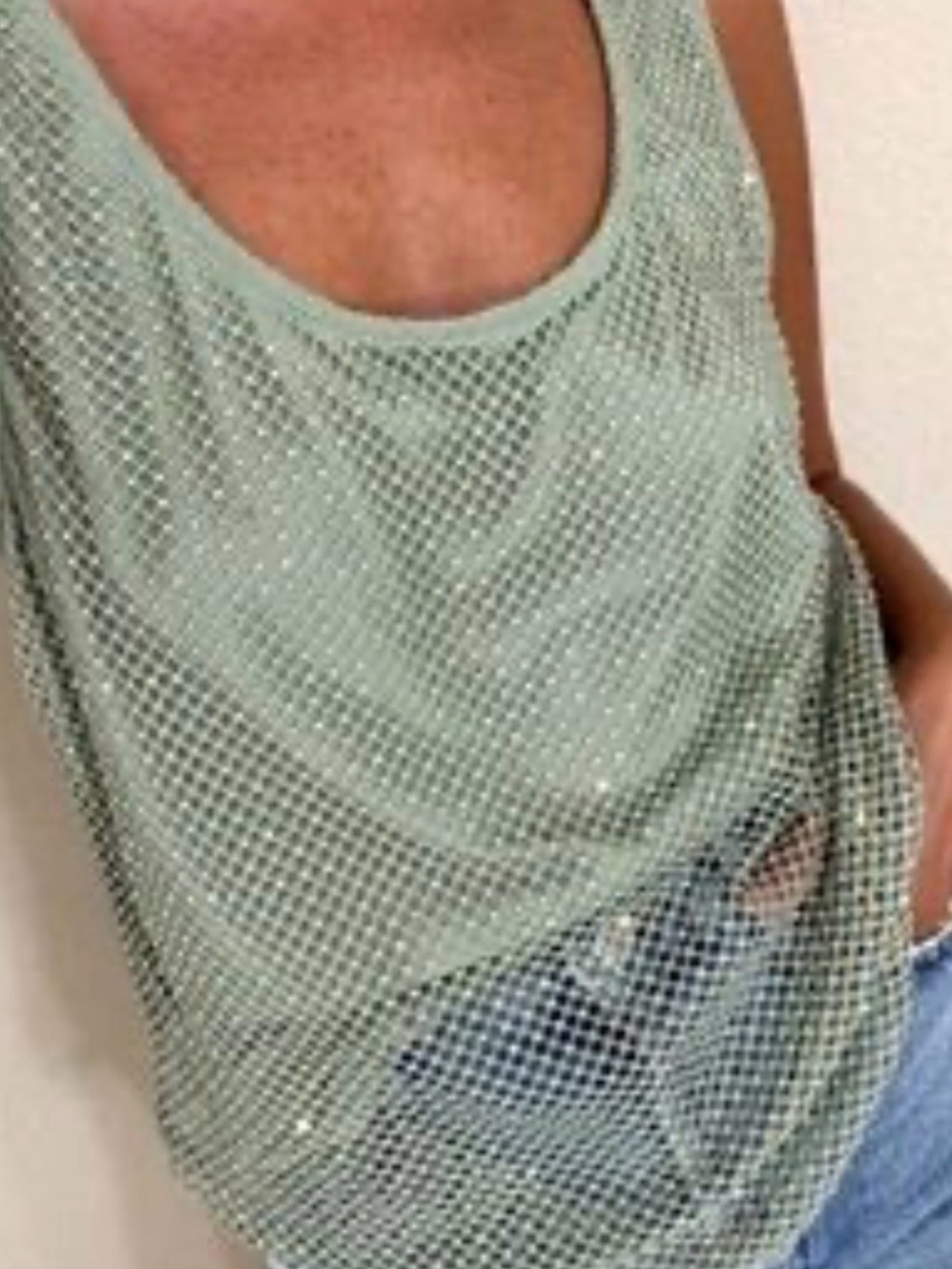 Sparkle Mesh Tank Top in Light Sage